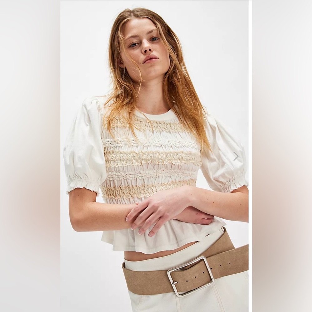 Free People Maxey Lace Trim Cotton Smocked Top Size Medium